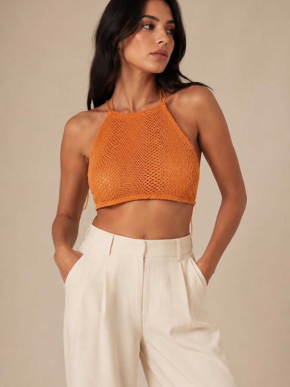 Zara Orange Crochet Knit Halter Crop Top NWT Size Small
